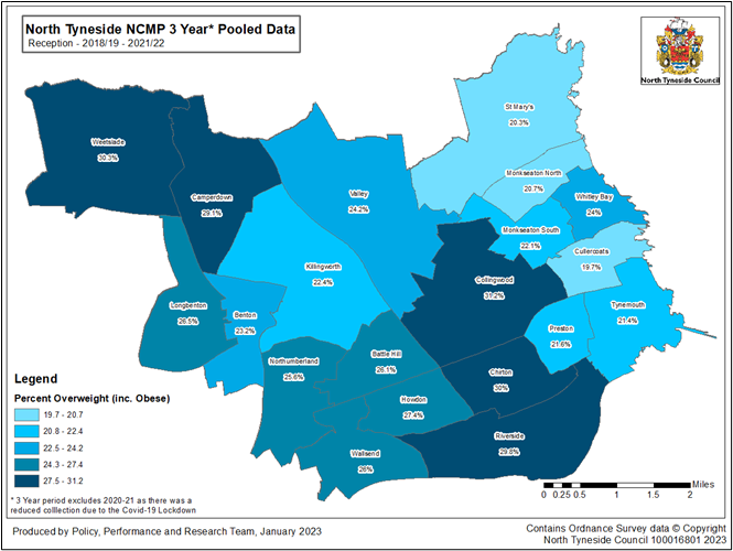 Map Showing the level of Overweight and Obese children in Reception year in North Tyneside