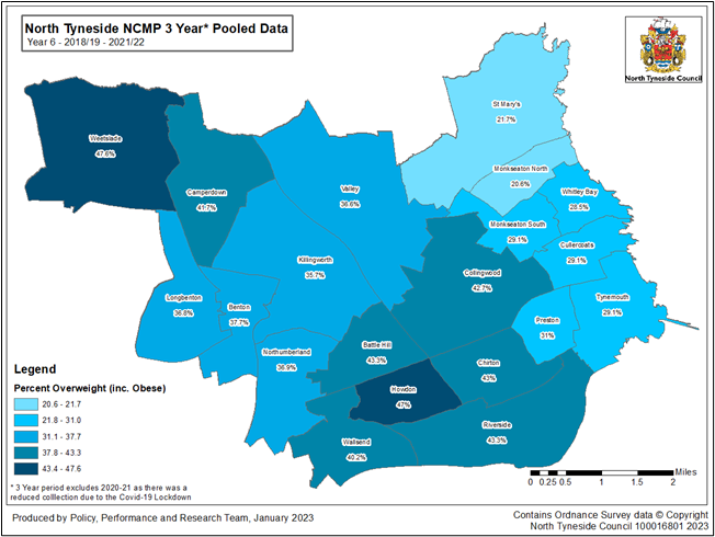 Map showing the level of Overweight and Obsese children in Year 6 in North Tyneside