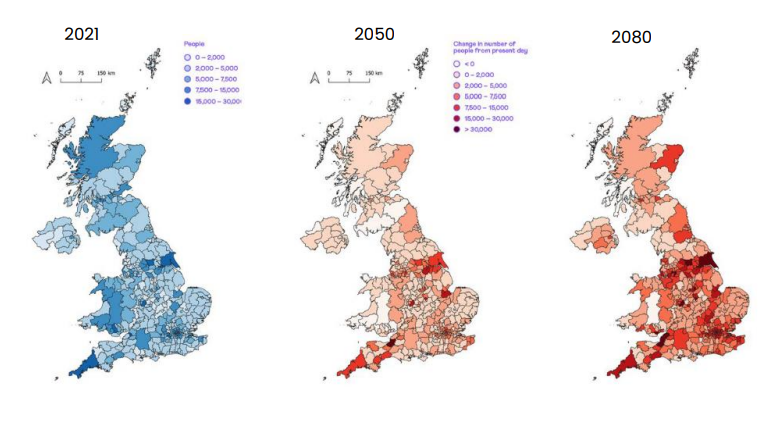 Three maps of the UK showing the number of people at risk from flooding in 2021 (blue), with projections for 2050 and 2080 (shades of red). The maps indicate an increasing flood risk over time, especially in southern and central regions.