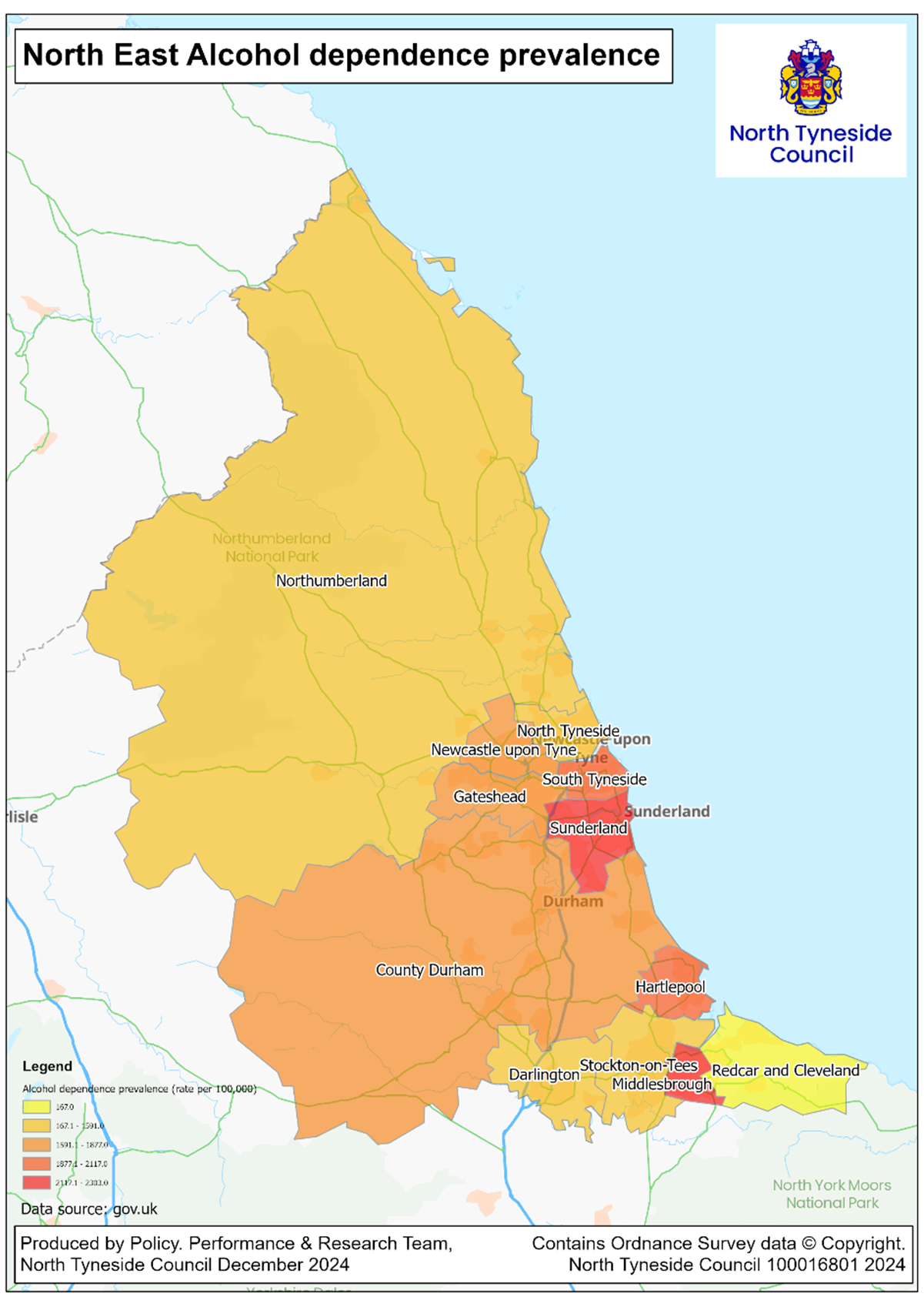 A map titled "North East Alcohol dependence prevalence" showing the North East region of England. The map uses a color-coded legend to indicate varying levels of alcohol dependence prevalence. The colors range from light yellow (0.00% - 1.99%) to dark red (>8%). Areas highlighted include Northumberland, Newcastle upon Tyne, Gateshead, South Tyneside, Sunderland, County Durham, Darlington, Stockton-on-Tees, Redcar and Cleveland, and Middlesbrough.