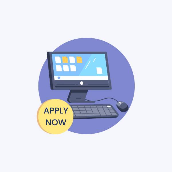 A computer with a yellow circle titled "Apply Now"