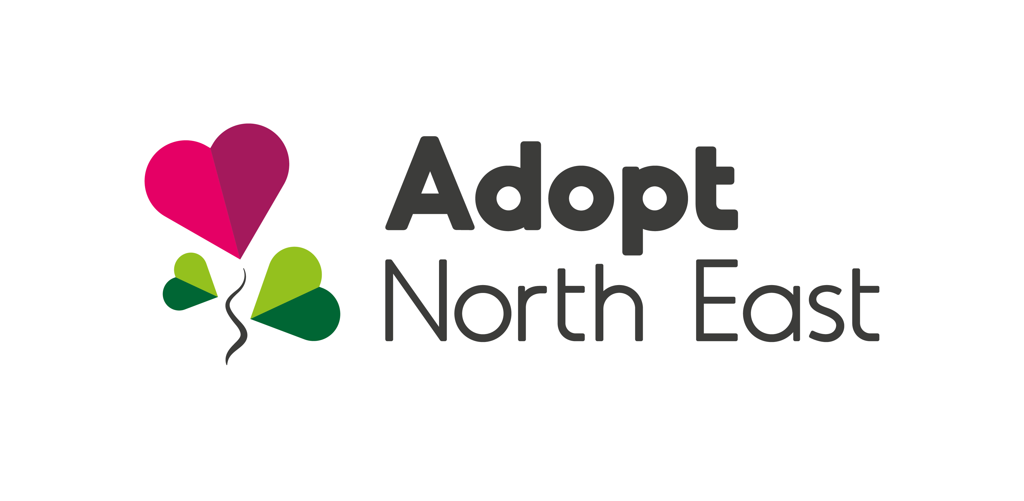 Flower made of green and pink hearts and the words Adopt North East