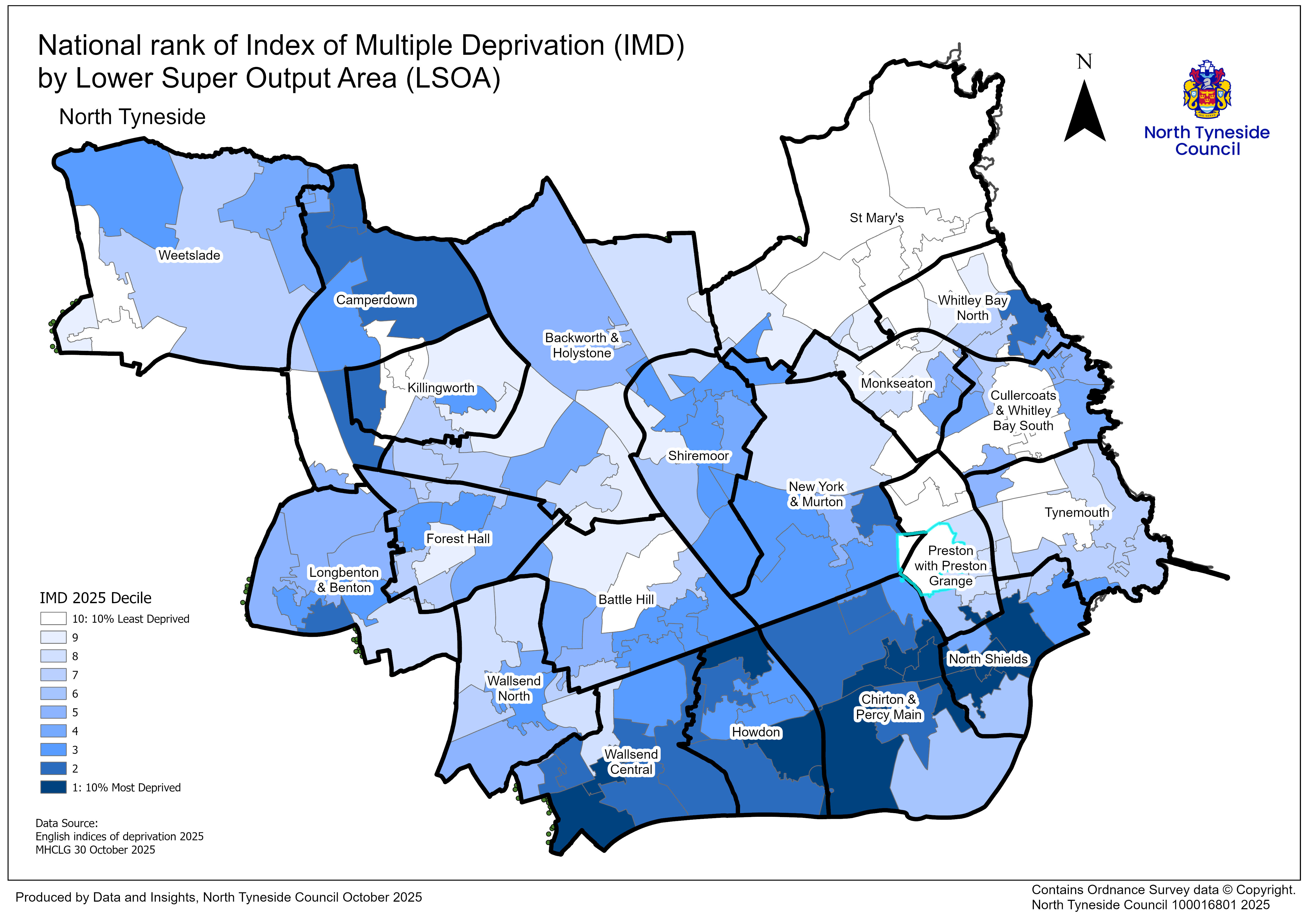 Choropleth map showing the national rank of the Index of Multiple Deprivation (IMD) 2025 for Lower Super Output Areas in North Tyneside. The map highlights concentrations of higher deprivation in parts of North Shields, Howdon, and Wallsend, with less deprived areas elsewhere in the borough.