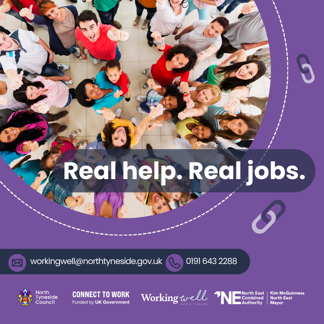 Group of people looking up, the words real help, real jobs in white on a purple background