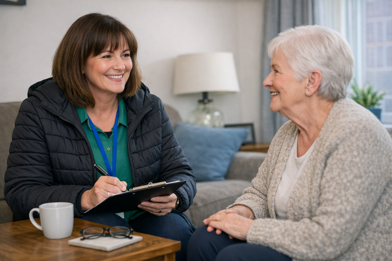 A care worker sitting talking to an older person with a clipboard, a cup of tea on the table 