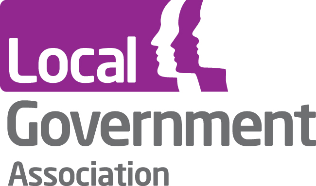 Local government association logo. silhouettes of three heads looking left in purple and white