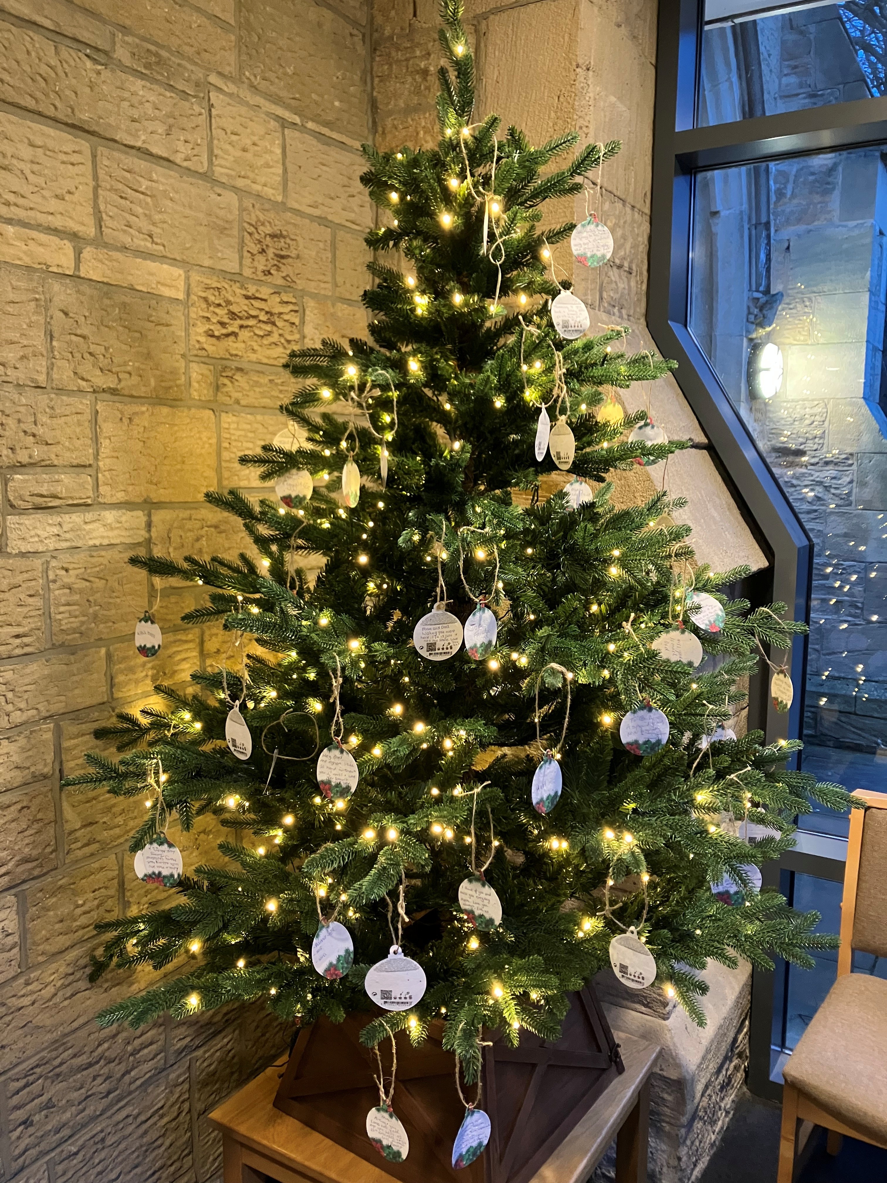 Christmas tree decorated with warm lights and handwritten message tags, displayed in a community building beside a large window