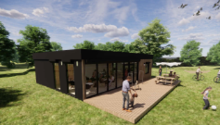 Artist image of outside of a wooden built cafe