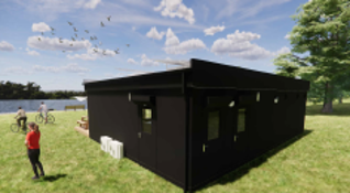 Artist image of outside of a wooden built cafe