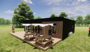 Artist image of outside of a wooden built cafe