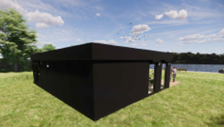 Artist image of outside of a wooden built cafe
