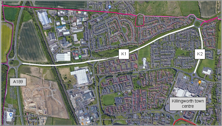 Map showing cycling routes into Killingworth