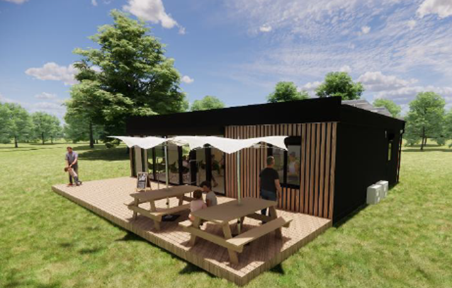 Artist's image of a wooden built cafe in an open green space