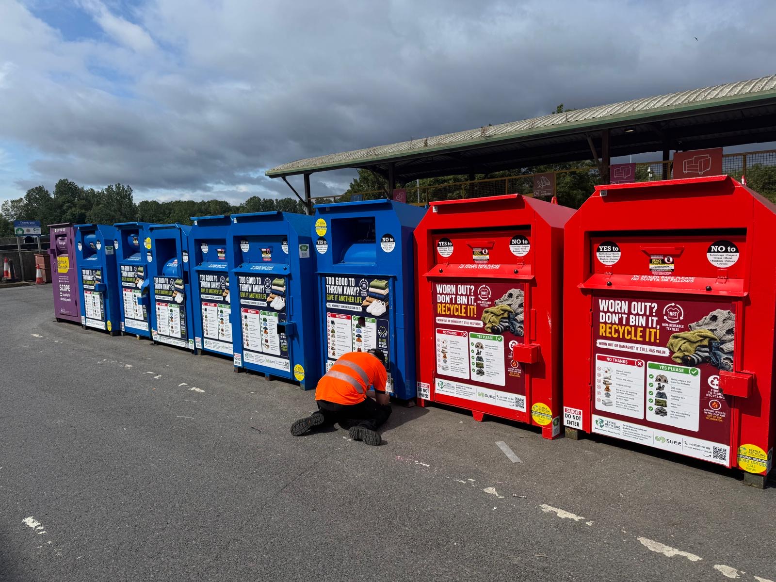 New blue and red textile bins at the HWRC in North Tyneside