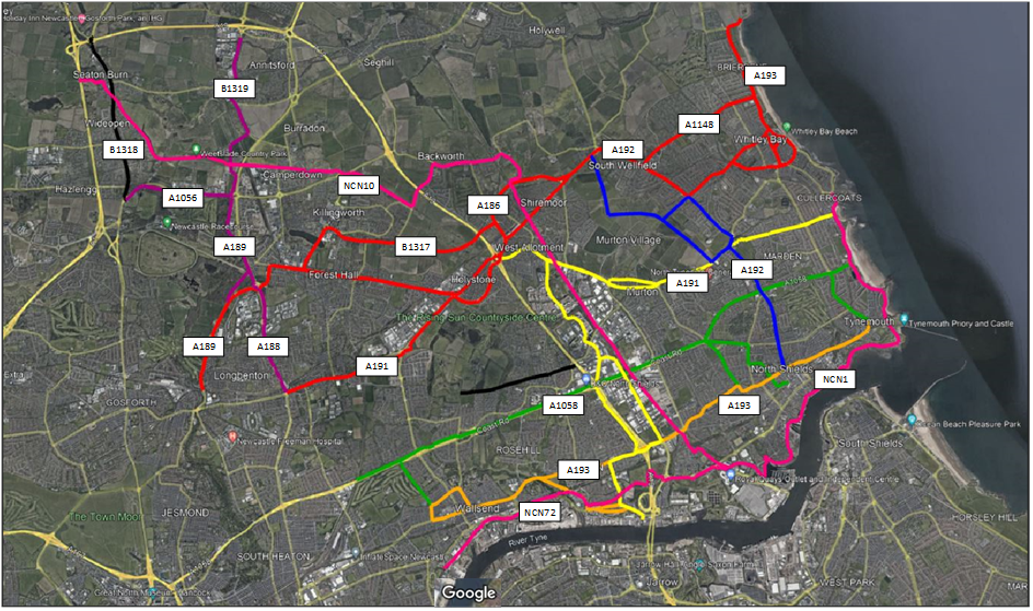 Map showing main strategic cycle network in North Tyneside