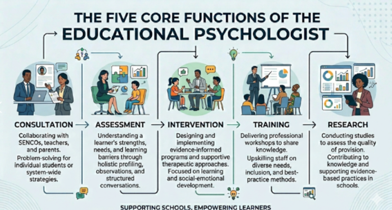 A graphic showin the five core functions of the Educational Psychologist