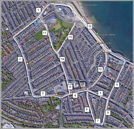 Map showing walking zones in Whitley Bay