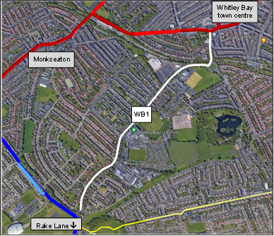 Map showing cycle route into Whitley Bay