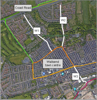 Map showing cycling route into Wallsend