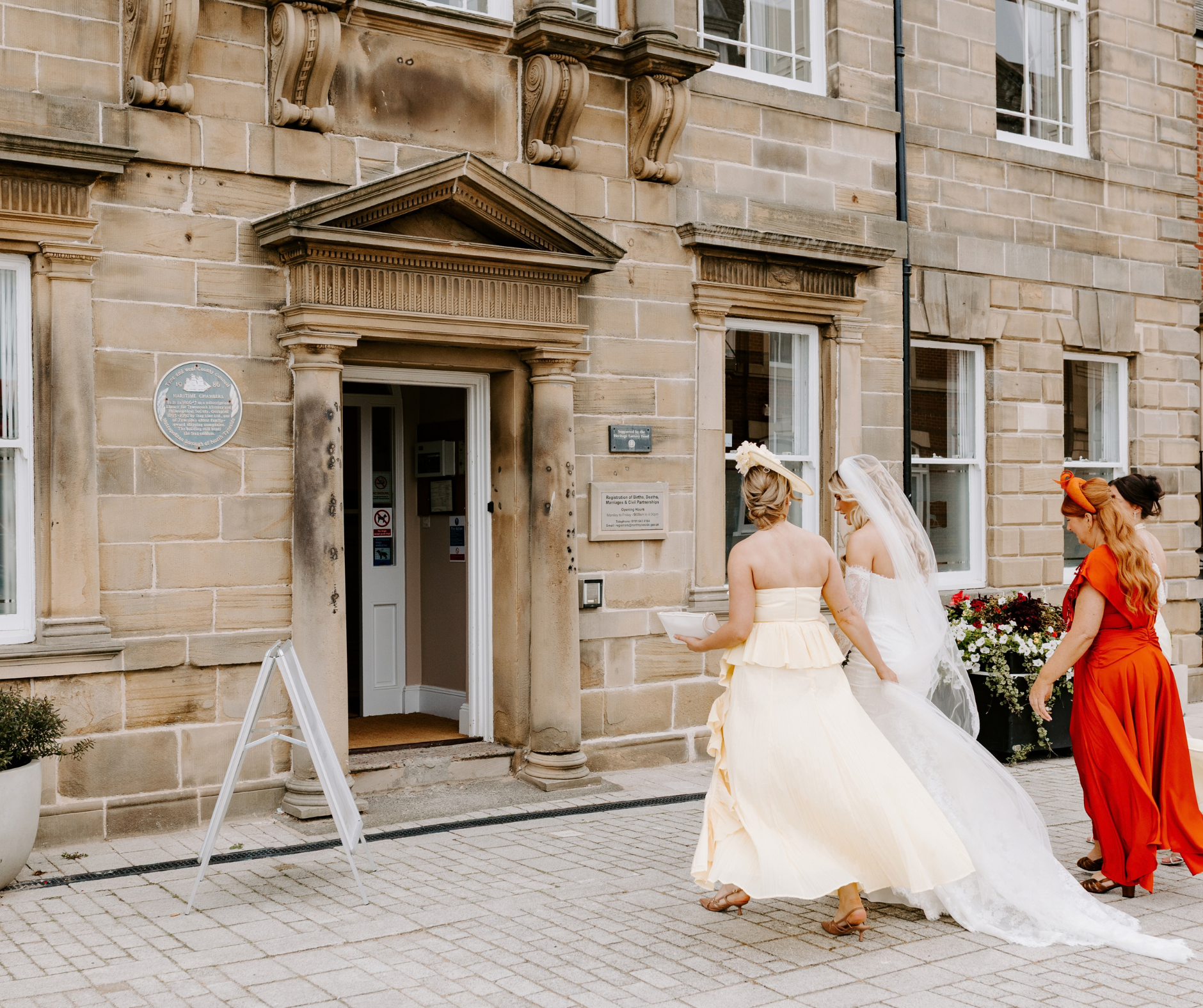 A bride walking into the Maritime Chambers in North Shields