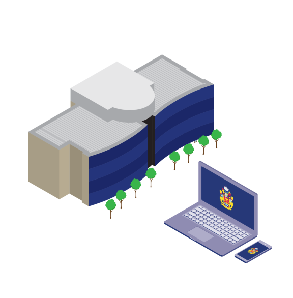 A graphic of the Quadrant East offices of North Tyneside Council, alongside a laptop and phone showcasing the Council's logo.
