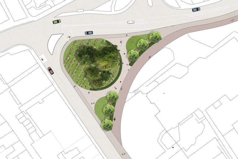 An artists impression aerial view of the Gateway 1 junction showing the layout of pavement and cycle path