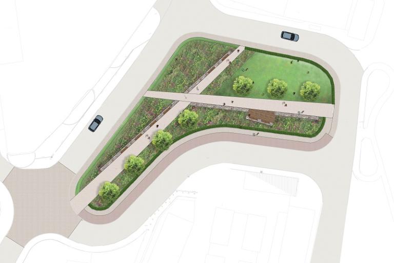 An aerial image of Gateway 2 showing the layout of intersecting paths with trees and hedges around