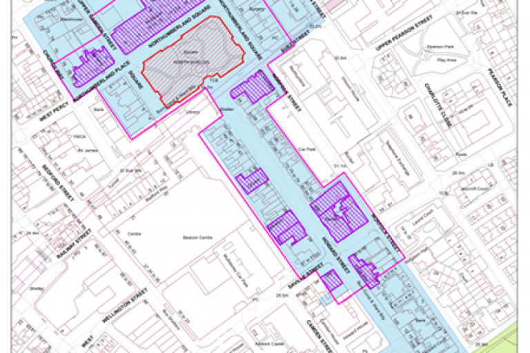 A map showing the heritage action zone boundaries including Howard Street and Northumberland Square with the area highlighted in pale blue and purple boxes