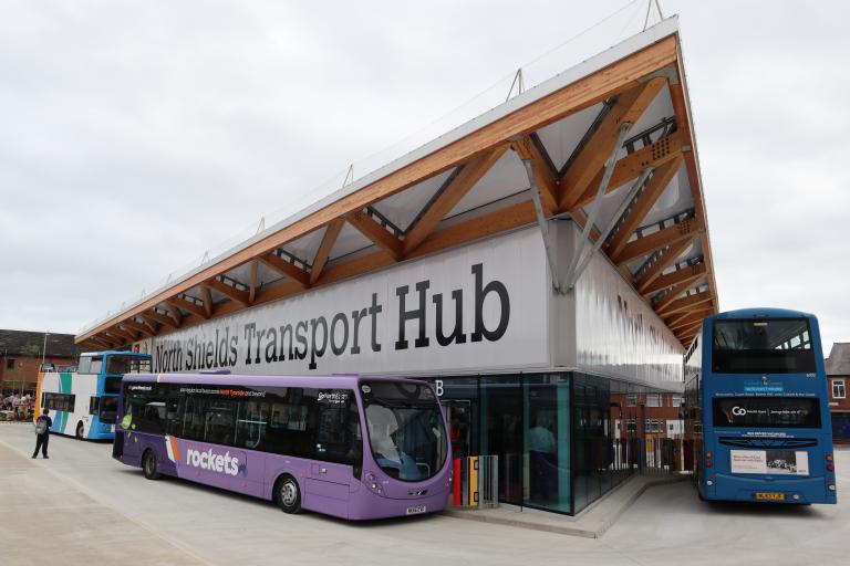 Two buses waiting outside North Shields Transport Hub 