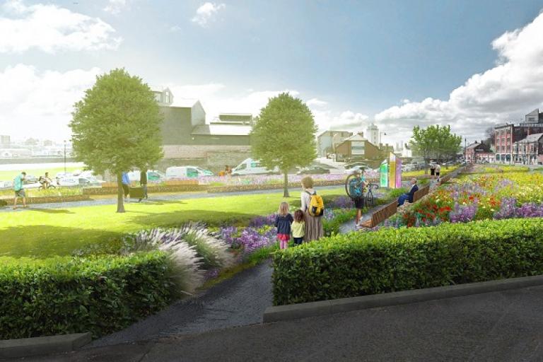 An artist's impression of Gateway 2 showing a layout with hedges, trees and people with the fish Quay behind