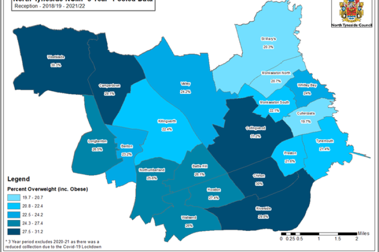 Map Showing the level of Overweight and Obese children in Reception year in North Tyneside