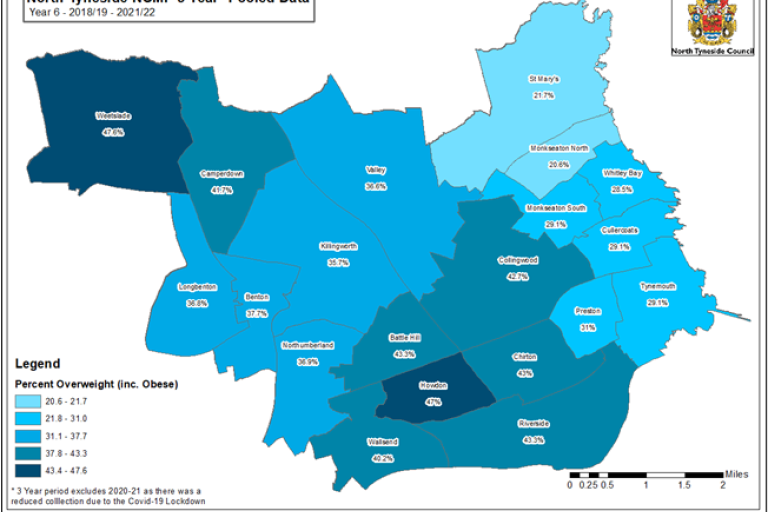 Map showing the level of Overweight and Obsese children in Year 6 in North Tyneside