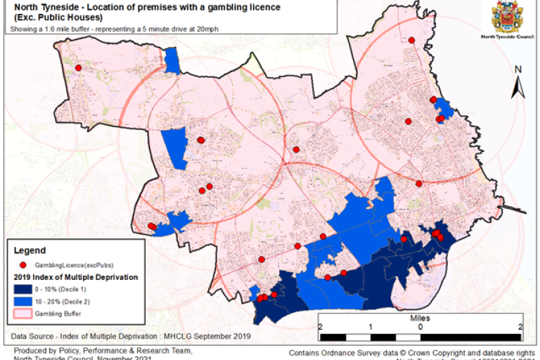 Map of North Tyneside showing Gambling establishments in North Tyneside - with 10 & 20% most deprived neighbourhoods in the borough. cincentrated in the South of the Bourough - along the riverside