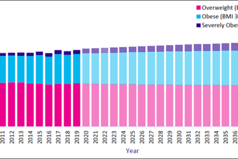 Graph showing the projections for overweigh and obese in the UK to 2040 - showing a small, but steady risefrom current levels of the obese and severly obese