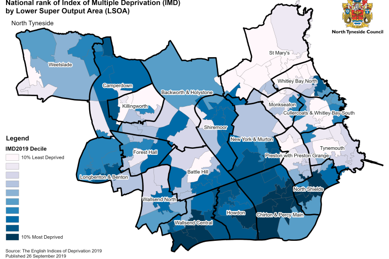 Map titled 'English Indices of Deprivation 2019: National rank of Index of Multiple Deprivation (IMD) by Lower Super Output Area (LSOA)' for North Tyneside. The map shows different areas within North Tyneside shaded in varying colors to represent levels of deprivation. Lighter shades indicate less deprived areas, while darker shades indicate more deprived areas. Specific ward boundaries such as Whitley Bay, Wallsend, and Longbenton are labeled