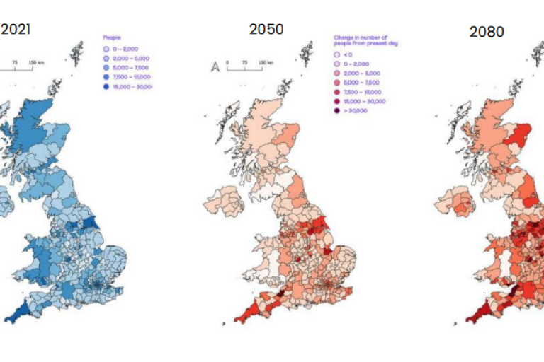 Three maps of the UK showing the number of people at risk from flooding in 2021 (blue), with projections for 2050 and 2080 (shades of red). The maps indicate an increasing flood risk over time, especially in southern and central regions.
