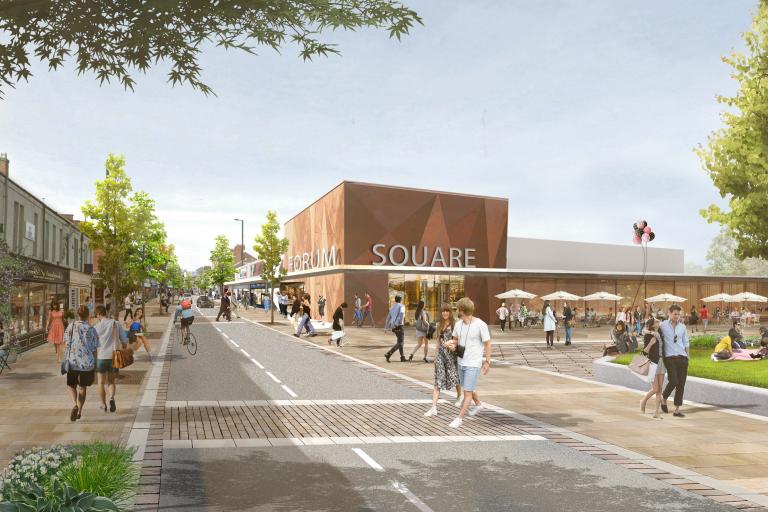 An artist's impression showing an attractive street scene in front of the Forum shopping centre with  people strolling around and eating at outside tables