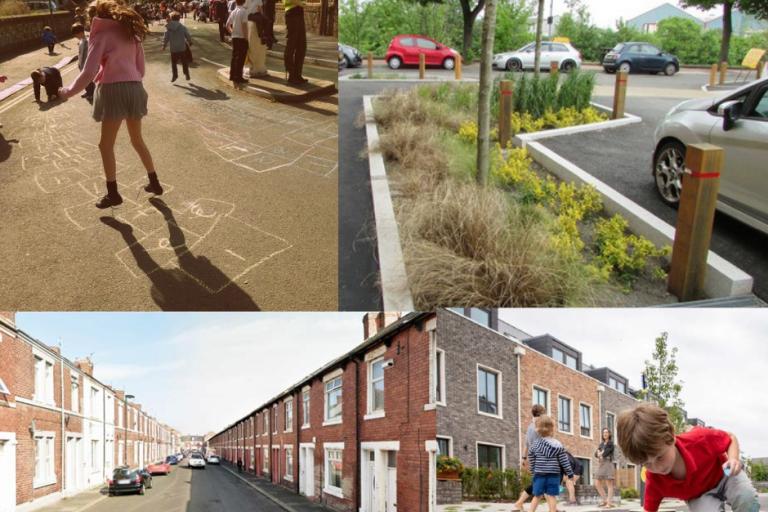 A composite image of colour photos showing a girl playing hopscotch in a street, tree planting on a street, a photo of the terraced houses on Vine Street and a little boy playing on the pavement