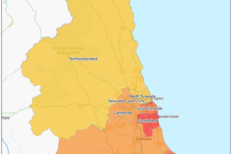 A map titled "North East Alcohol dependence prevalence" showing the North East region of England. The map uses a color-coded legend to indicate varying levels of alcohol dependence prevalence. The colors range from light yellow (0.00% - 1.99%) to dark red (>8%). Areas highlighted include Northumberland, Newcastle upon Tyne, Gateshead, South Tyneside, Sunderland, County Durham, Darlington, Stockton-on-Tees, Redcar and Cleveland, and Middlesbrough.