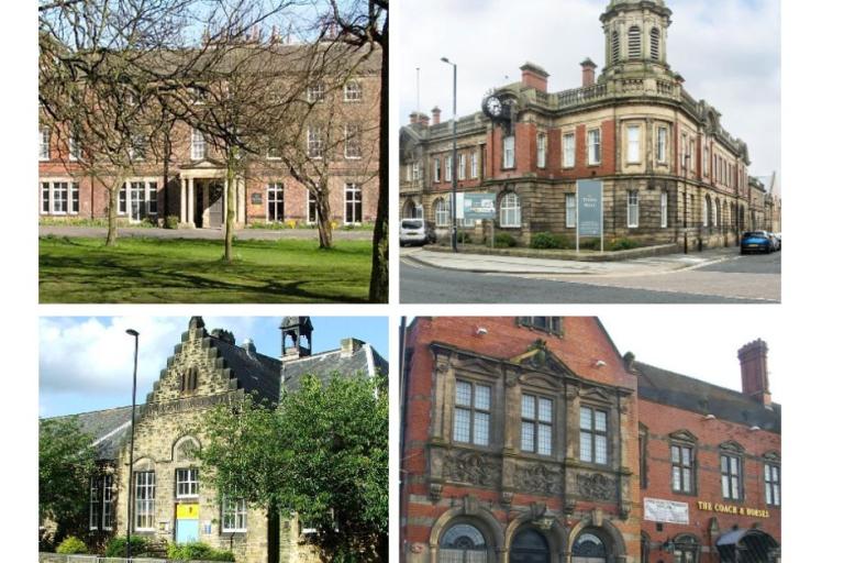 Four colour photos of Wallsend historic buildings, these are Wallsend Hall, The Buddle, the Town Hall and the Coach and Horses