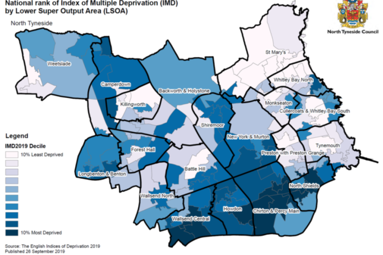 Figure showing the National rank of Index of Multiple Deprivation by Ward in North Tyneside