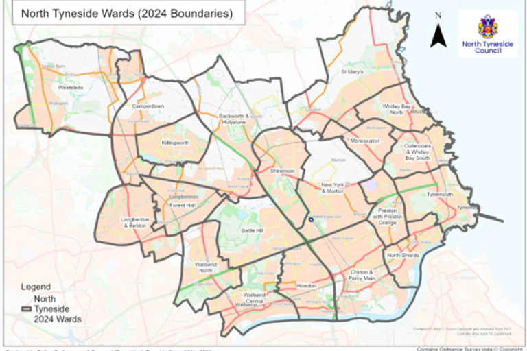 Figure showing North Tyneside Ward boundaries 2024
