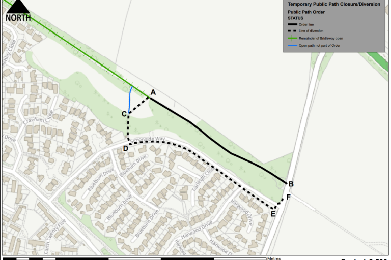 Map of temporary public path closure and diversion at Bridleway East