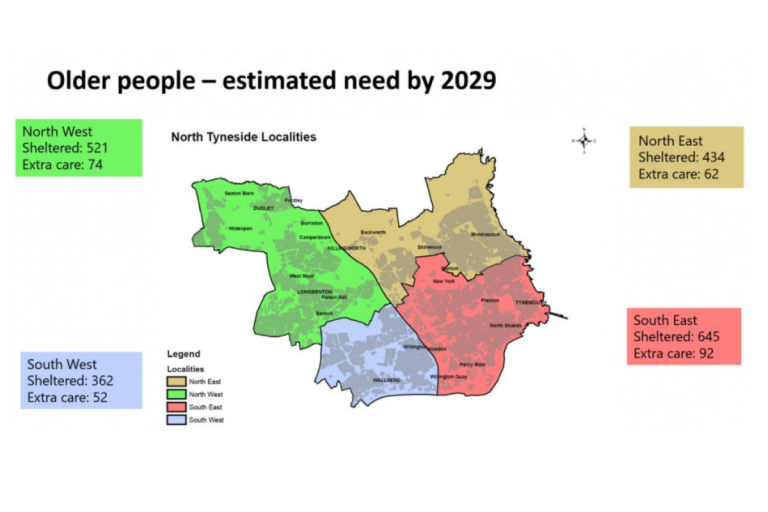 A map of North Tyneside localities displaying an estimate of how many older people will need support by 2029.