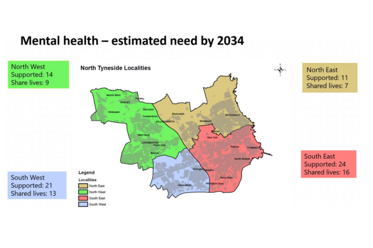 A map of North Tyneside localities with an estimate of how many people with mental health needs will need support in 2034.