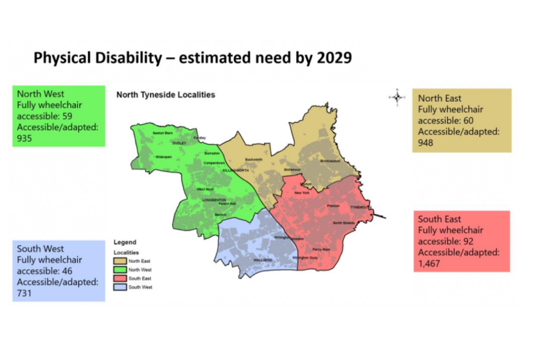 A map of North Tyneside localities showing an estimate of the number of people with physical disabilities who may need support by 2029.
