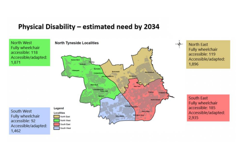 A map of North Tyneside localities showing the number of people with physical disabilities who may need support by 2034.