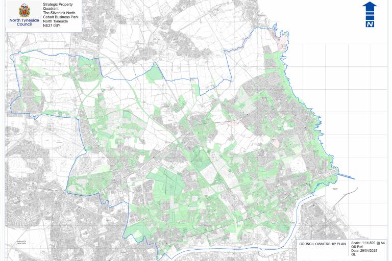 Detailed map of North Tyneside showiing areas of council owned land in green