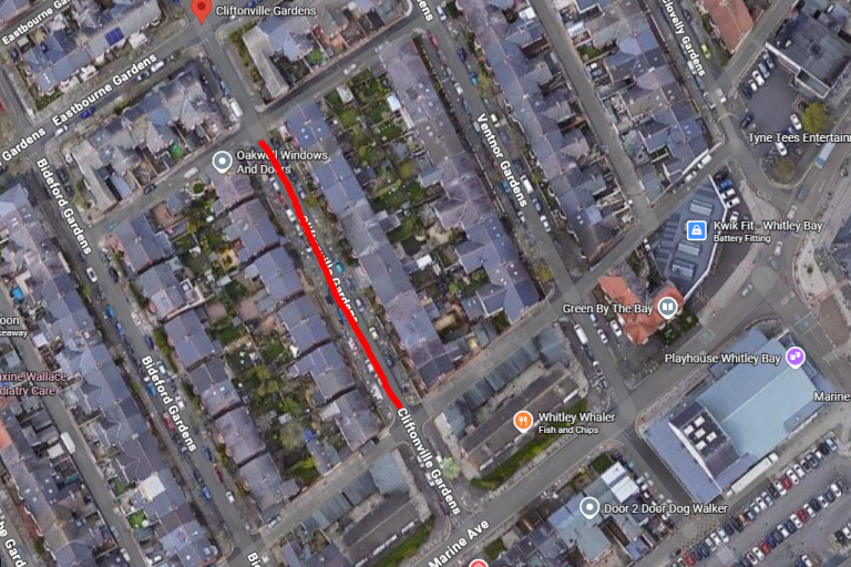 A map showing 1 – 28 Cliftonville Gardens between the junctions with the back lanes of Eastbourne Gardens and Marine Avenue, where road closures will be taking place on Sunday 14 June.. 