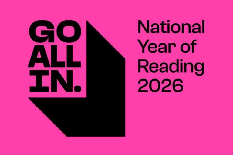 Pink background with text on top reading "GO ALL IN. National Year of Reading 2026"